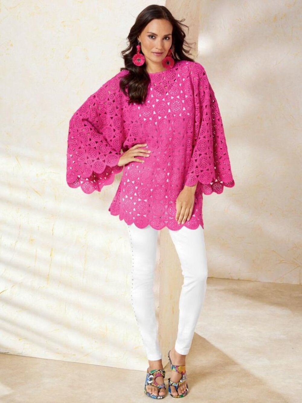 Masseys® Oversized Crochet Tunic Size M (Hot Pink)